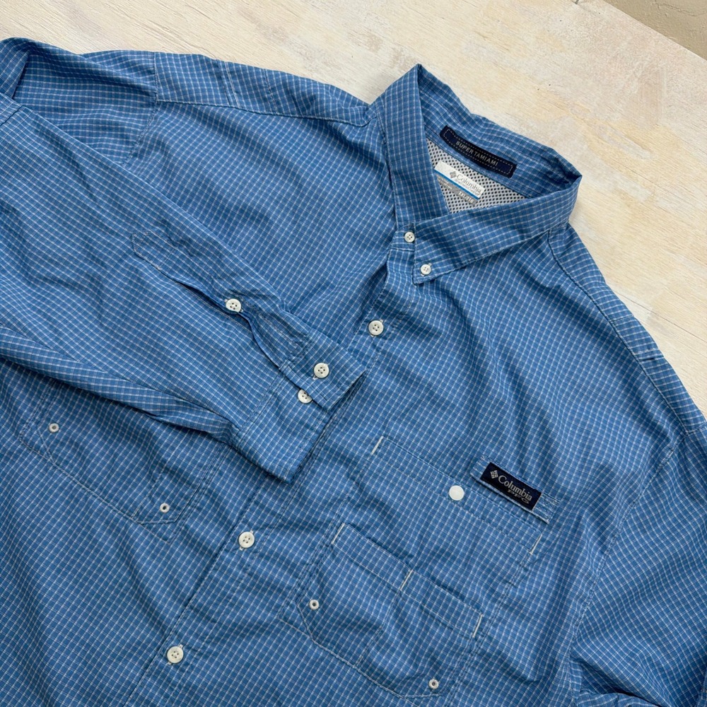 Columbia Fishing Shirt PFG Super Tamiami XXL Plaid Vent Blue Mens Long Sleeve